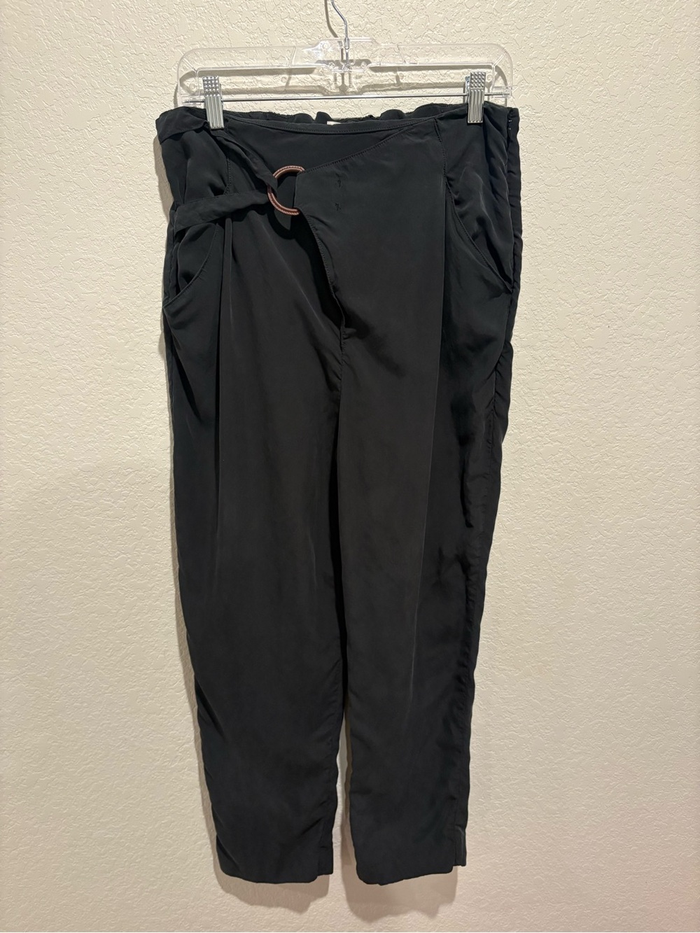 Anthropologie Black Wrap Front D-Ring Tapered Pants, Medium